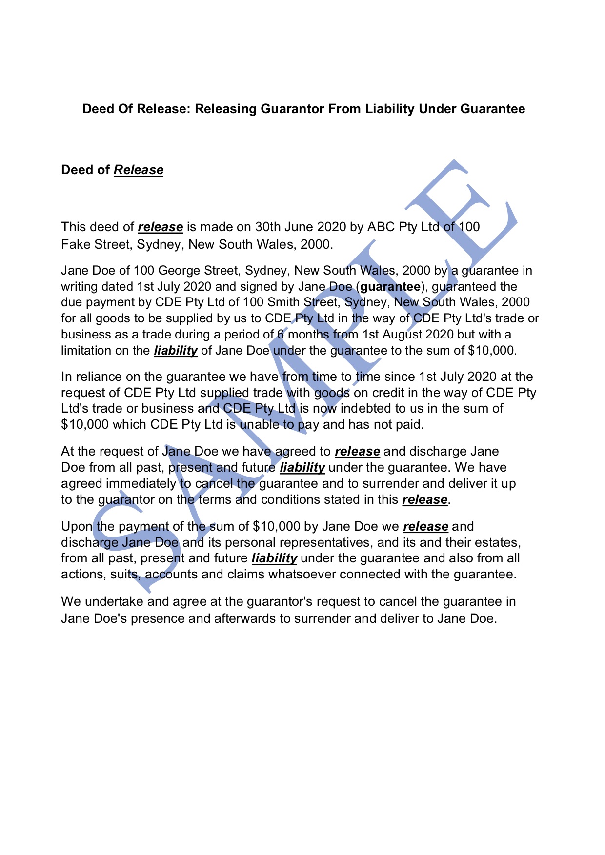 Deed of Release (Guarantor)